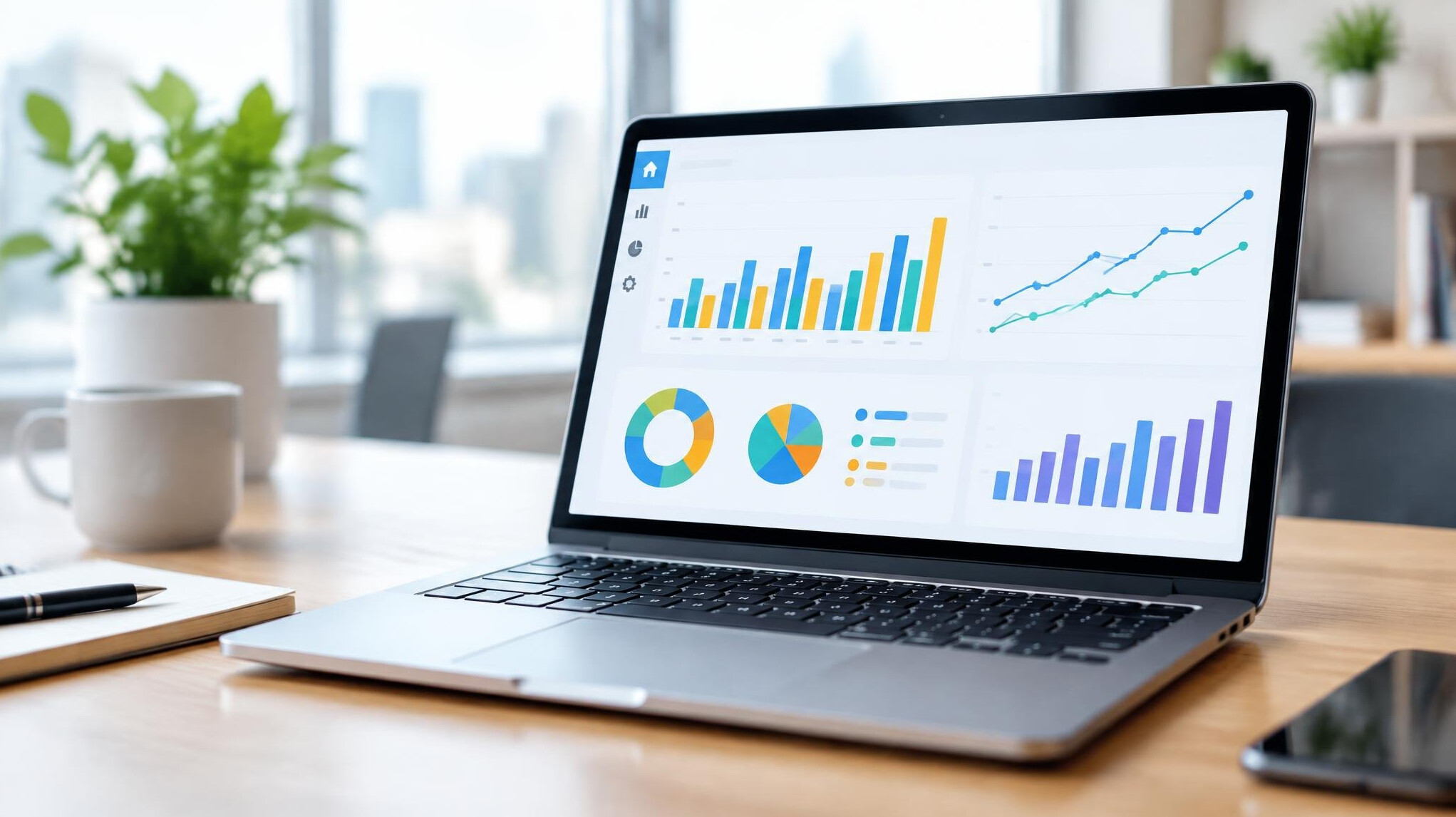 Analytics dashboard with charts on a laptop screen
