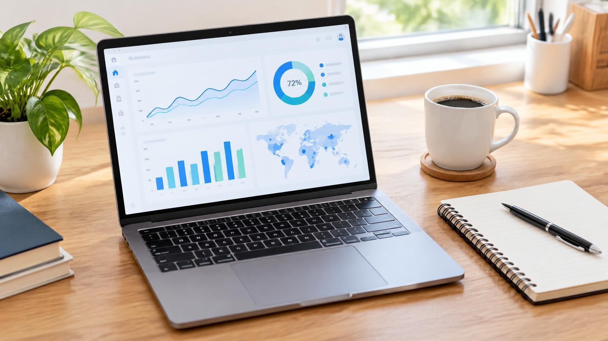 Laptop with analytics graphs next to a notebook