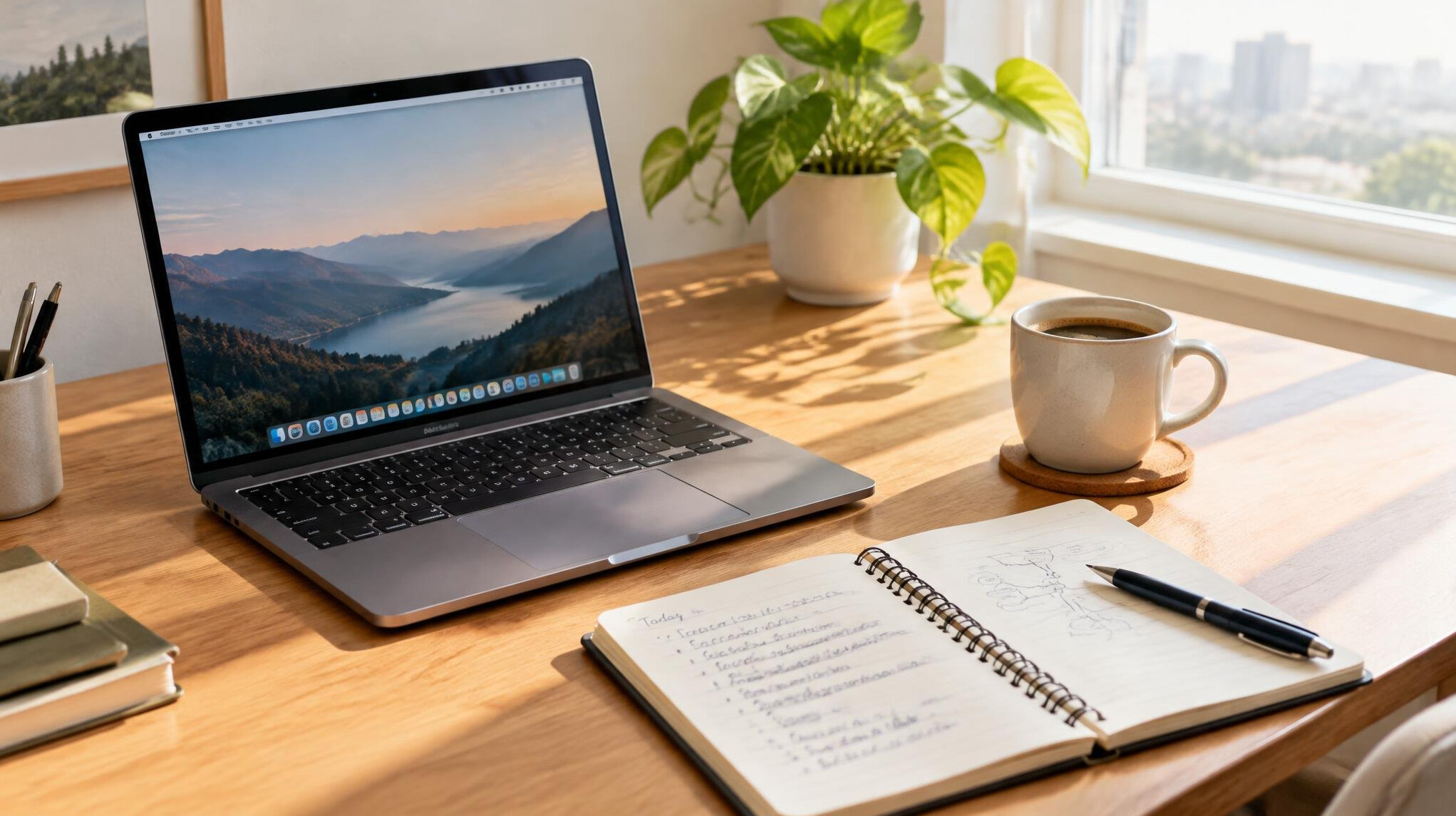 Tidy workspace with laptop notebook and coffee