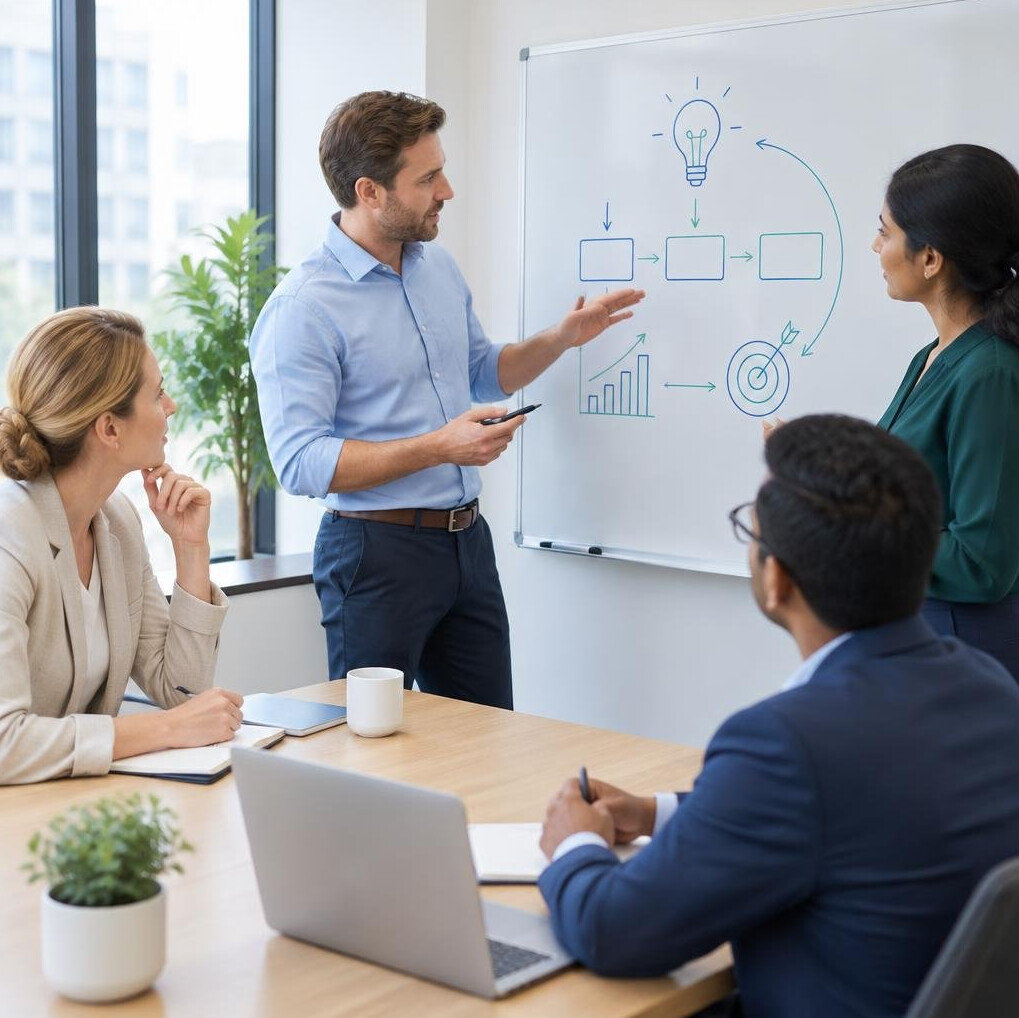 Business meeting around a table with a presenter
