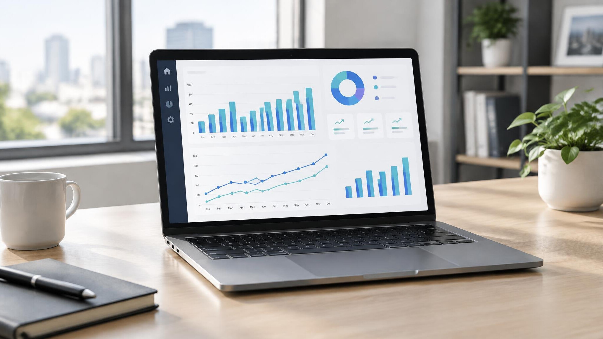 Analytics dashboard with charts on a laptop screen