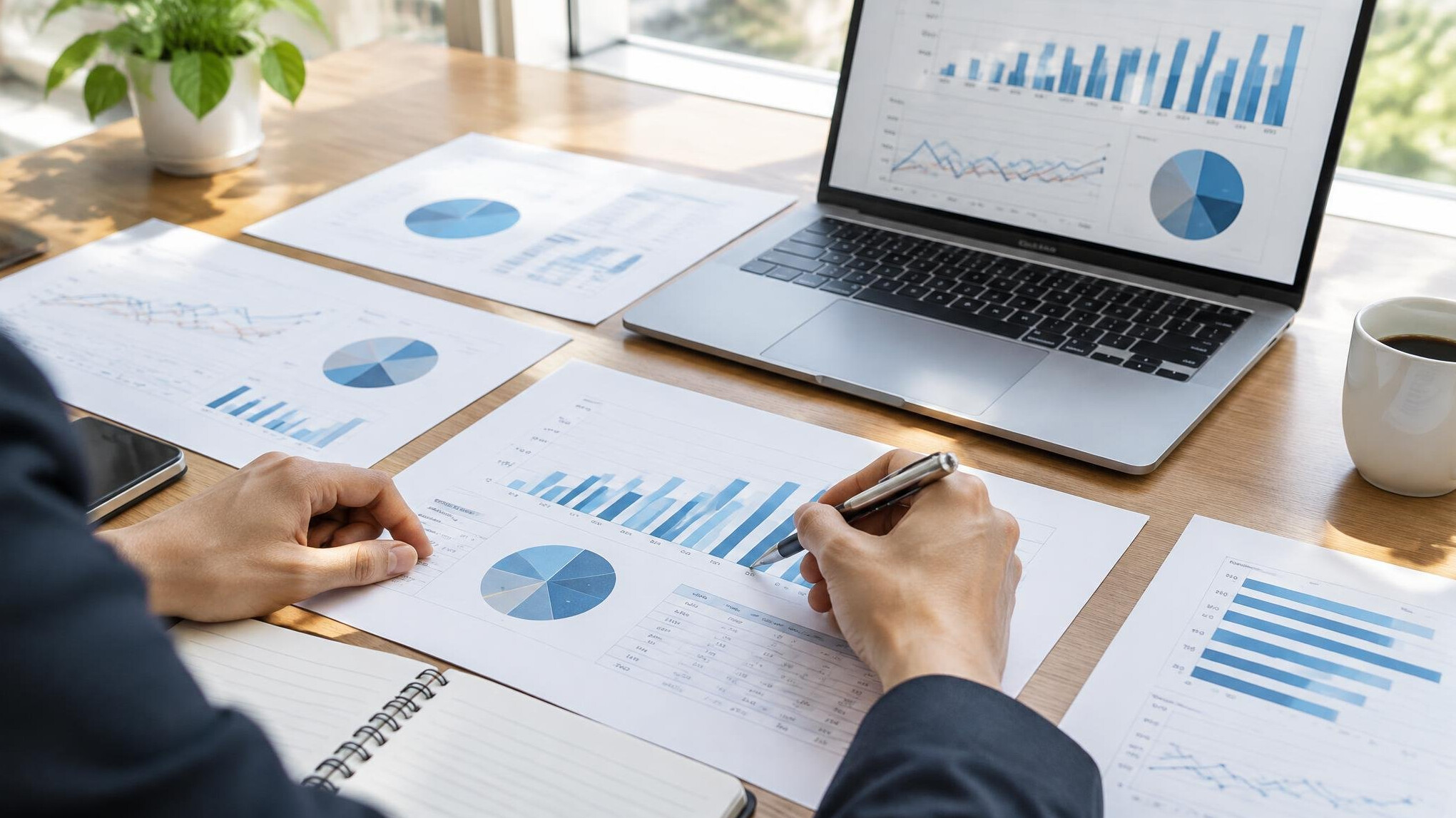 Analyst reviewing printed reports and charts at a desk