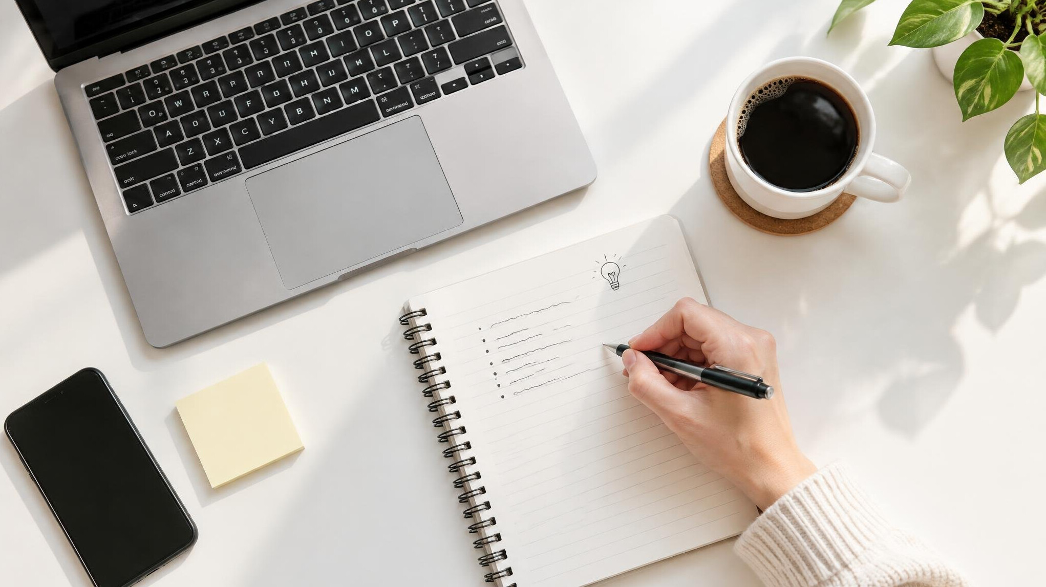 Hand writing notes in a notebook next to a laptop