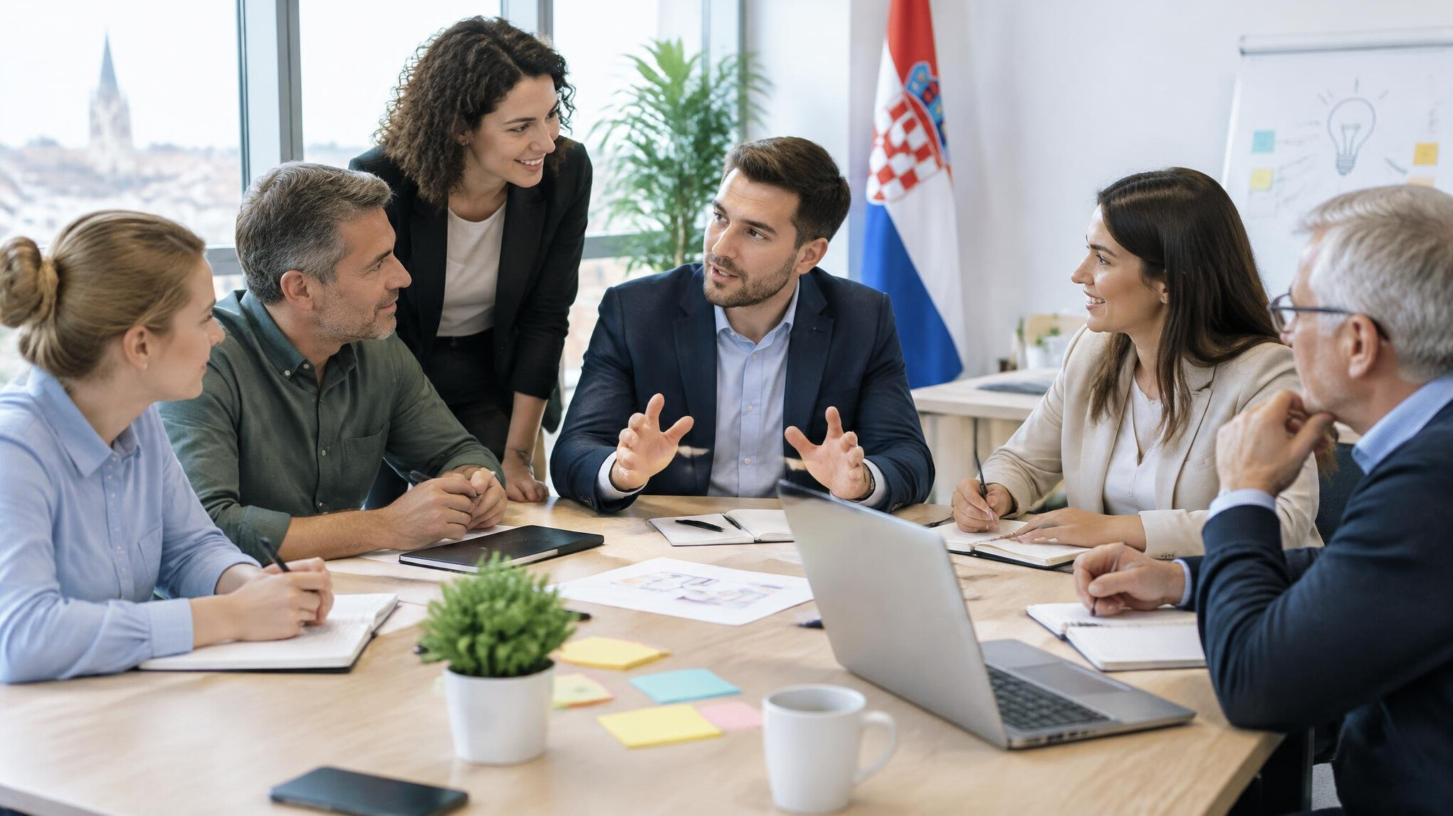 Colleagues in a team meeting discussing around a table