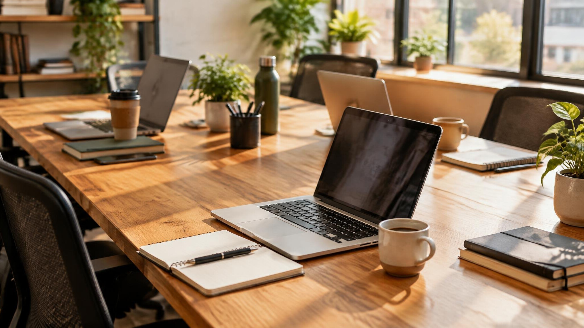 Shared coworking desk with laptops and notebooks